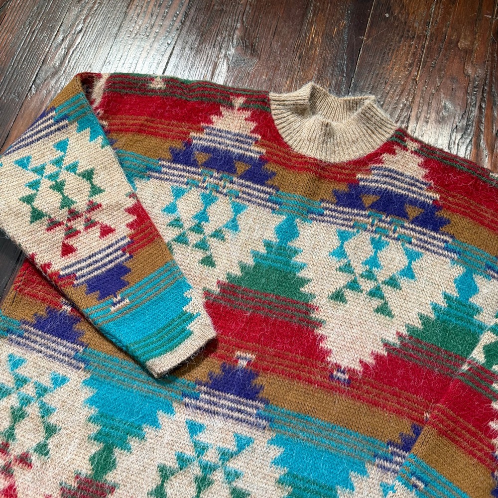 Vintage 90s Needles & Yarn Sweater Womens XL Southwestern Geometric USA Fuzzy